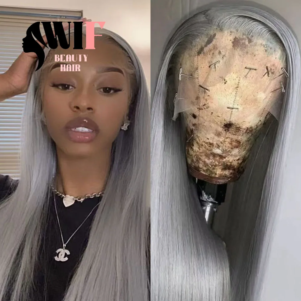 WIF Grey Straight Lace Front Wig Silk Straight Free Part Synthetic Wigs Hair Extension Natural Hairline Cosplay Use Woman Hair