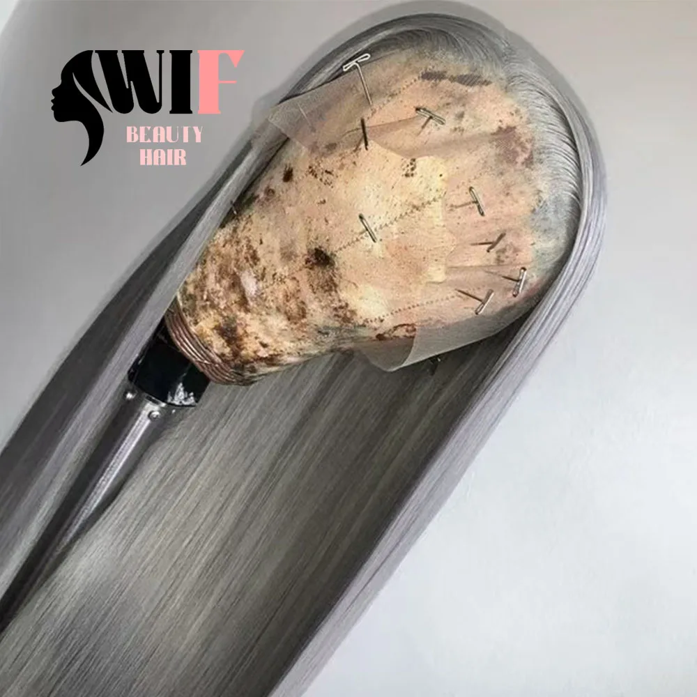 WIF Grey Straight Lace Front Wig Silk Straight Free Part Synthetic Wigs Hair Extension Natural Hairline Cosplay Use Woman Hair