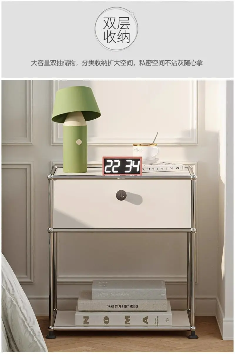 Vintage Nightstand Modular Bedside Table Stainless Steel Storage Cabinet for Bedroom Small Spaces