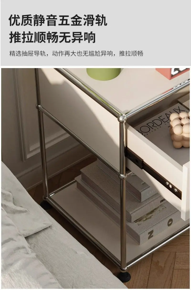 Vintage Nightstand Modular Bedside Table Stainless Steel Storage Cabinet for Bedroom Small Spaces
