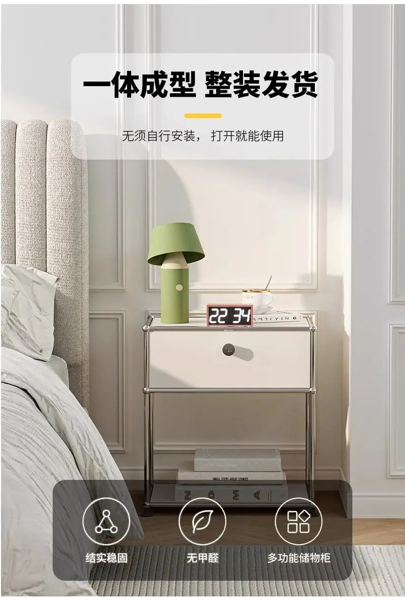 Vintage Nightstand Modular Bedside Table Stainless Steel Storage Cabinet for Bedroom Small Spaces