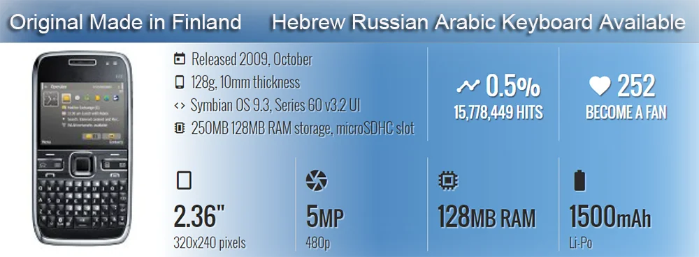 Original E72 Mobile Cell Phone GSM 3G Unlocked Wifi 5MP 480p Cellphone English Hebrew Russian Arabic Keyboard. Made in Finland