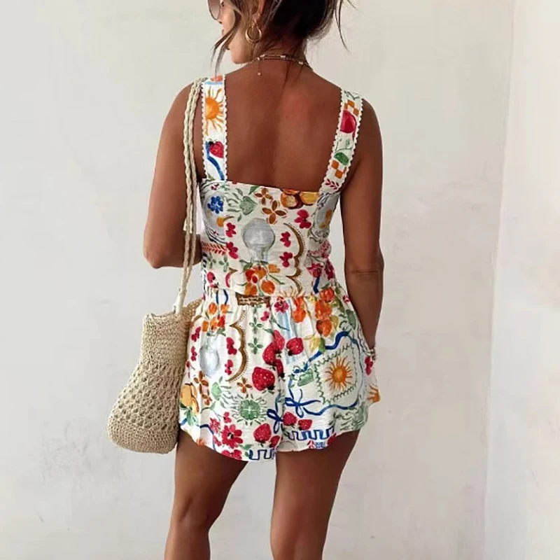 Fashion Pattern Printed Sleeveless Vacation Sets Leisure Square Collar Vest&Shorts Set Elegant Women Loose Commute Two Piece Set