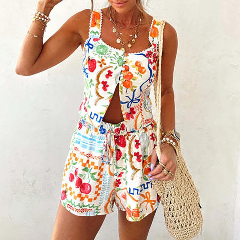 Fashion Pattern Printed Sleeveless Vacation Sets Leisure Square Collar Vest&Shorts Set Elegant Women Loose Commute Two Piece Set