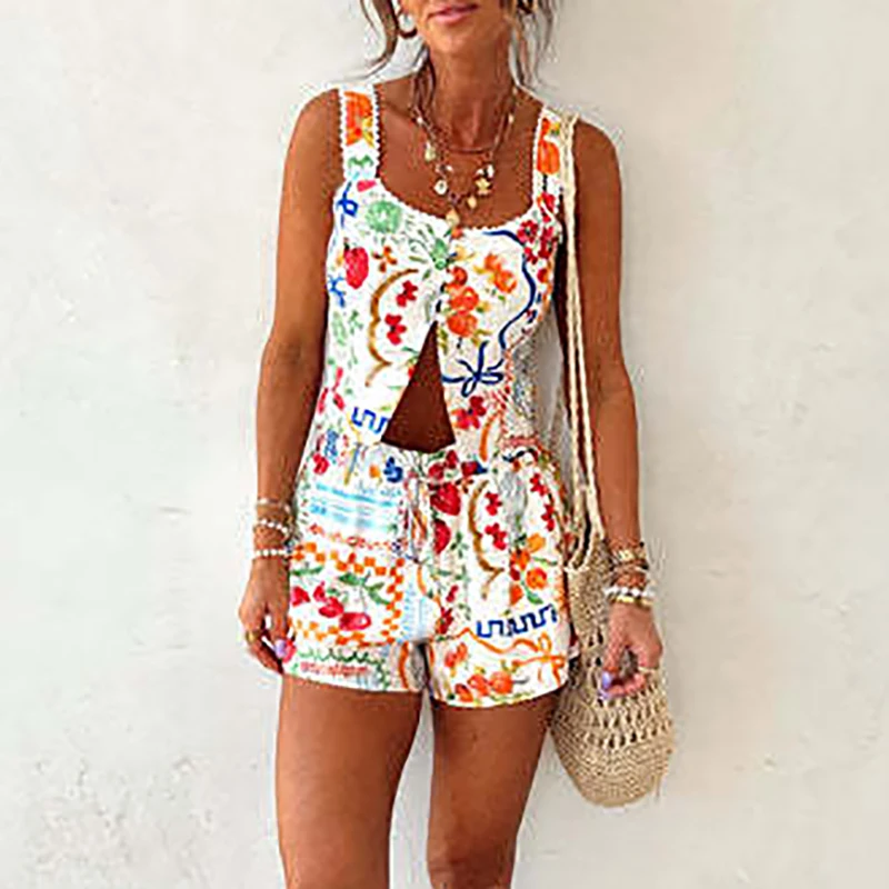 Fashion Pattern Printed Sleeveless Vacation Sets Leisure Square Collar Vest&Shorts Set Elegant Women Loose Commute Two Piece Set