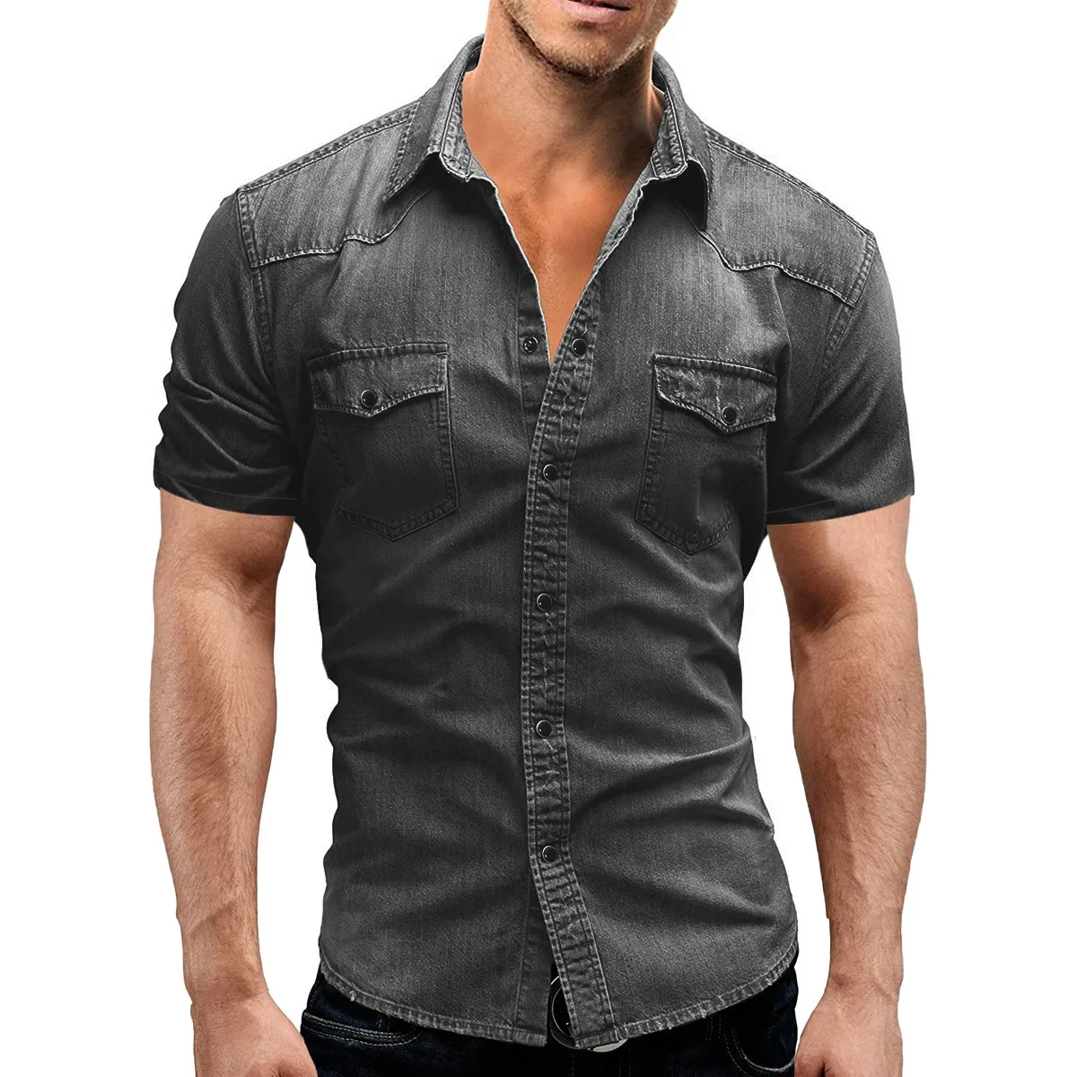 New 2025 Men's Elastic Slim Denim Shirts High Quality Short Sleeve Casual Cotton Jean Shirts Spring Summer Fashion Men Clothing