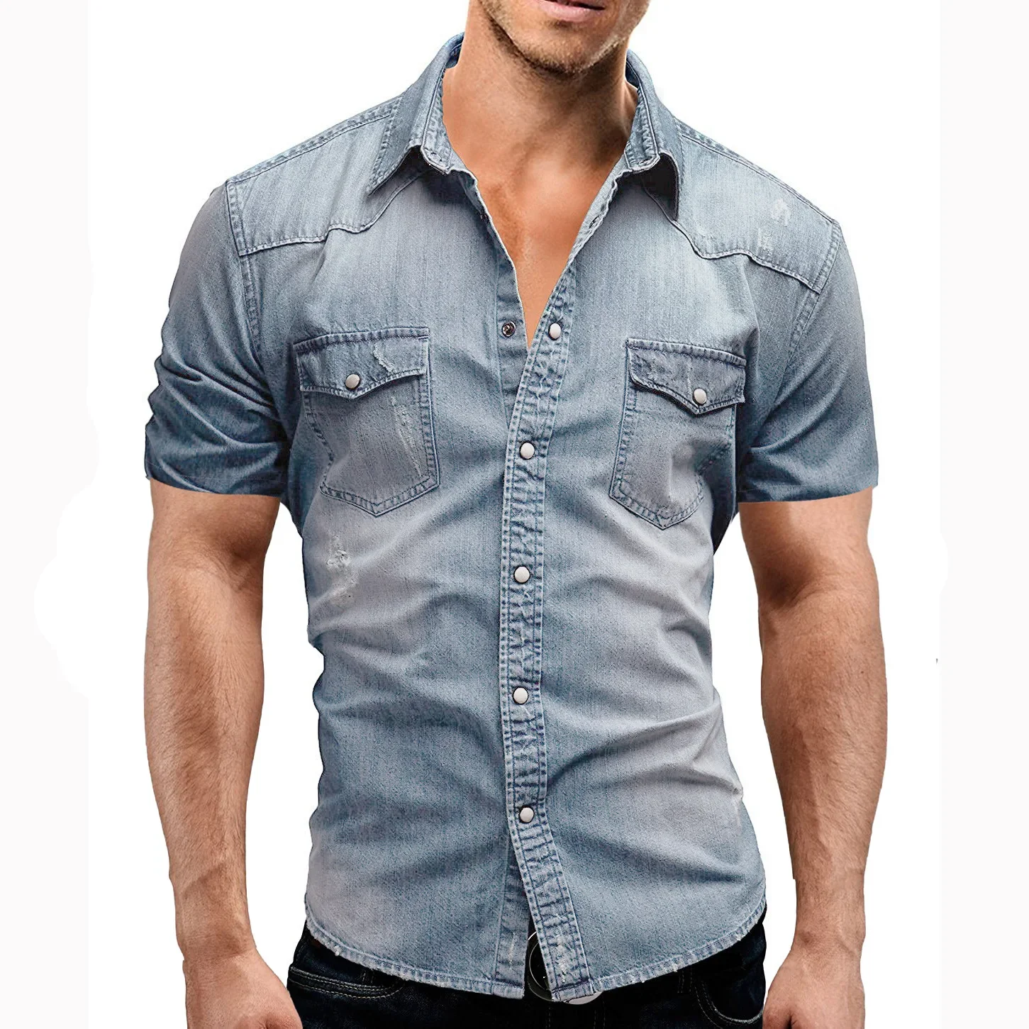 New 2025 Men's Elastic Slim Denim Shirts High Quality Short Sleeve Casual Cotton Jean Shirts Spring Summer Fashion Men Clothing