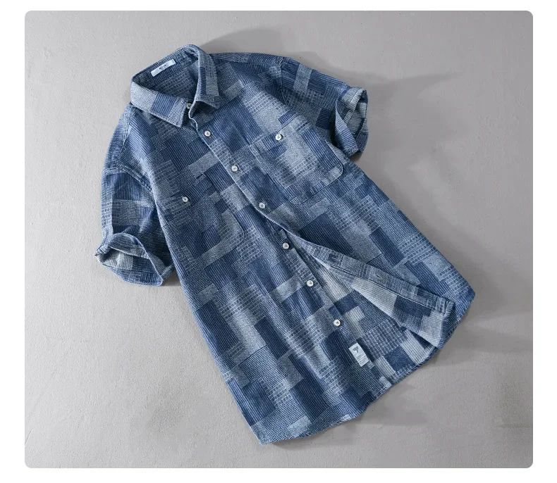 Summer Fashion Blue Check Denim Shirts for Men Short Sleeve Loose Handsome Cool Plaid Workwear 24ss Y2k Youth Male Tops Cityboys