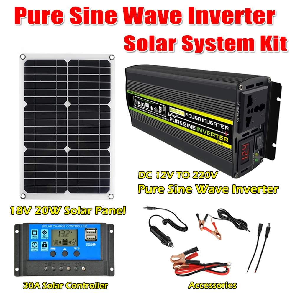 Solar Generator System Pure Sine Wave Inverter Kit 12V 220V 8000/6000/4000/3000W Power Inverters Solar Panel with 30A Controller