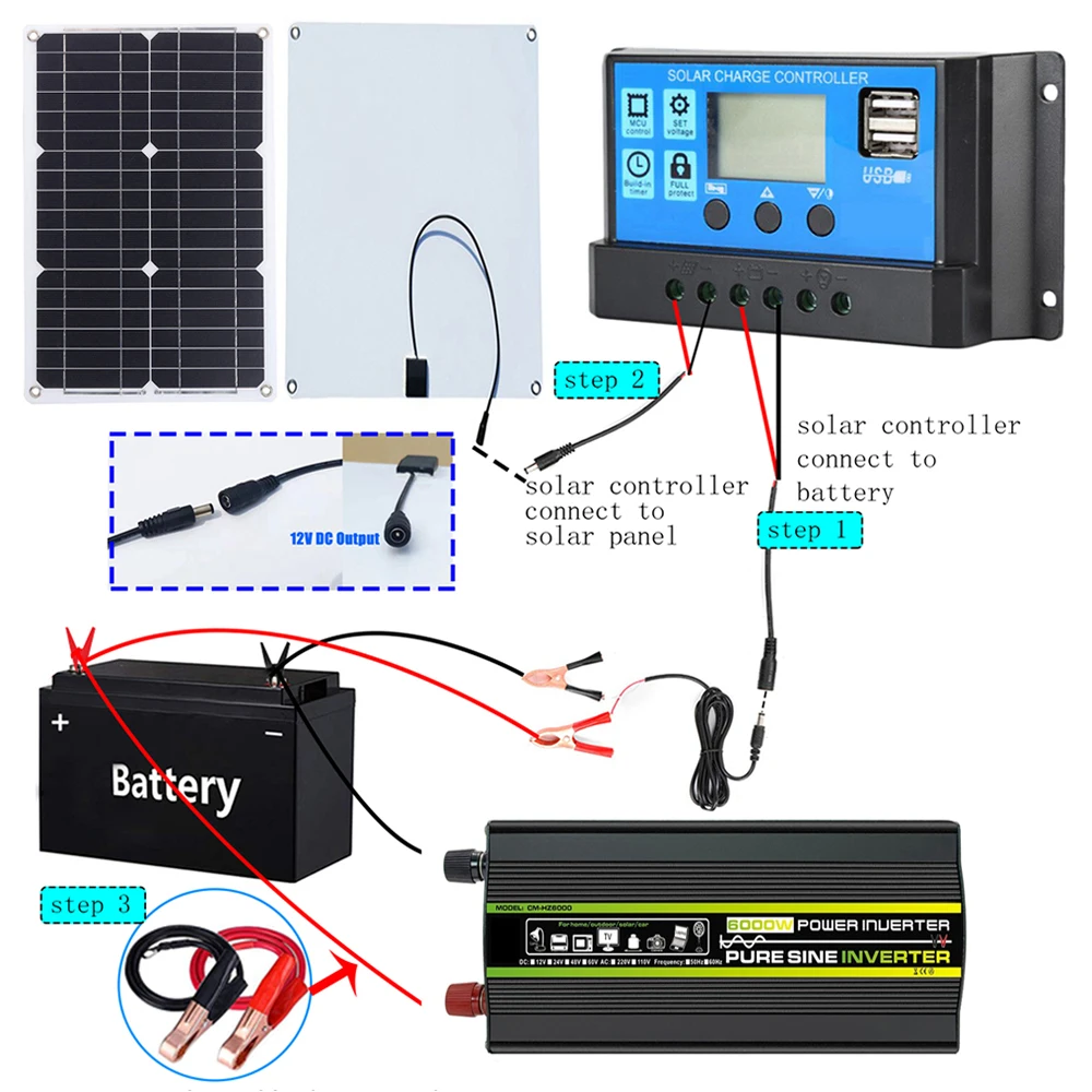 Solar Generator System Pure Sine Wave Inverter Kit 12V 220V 8000/6000/4000/3000W Power Inverters Solar Panel with 30A Controller
