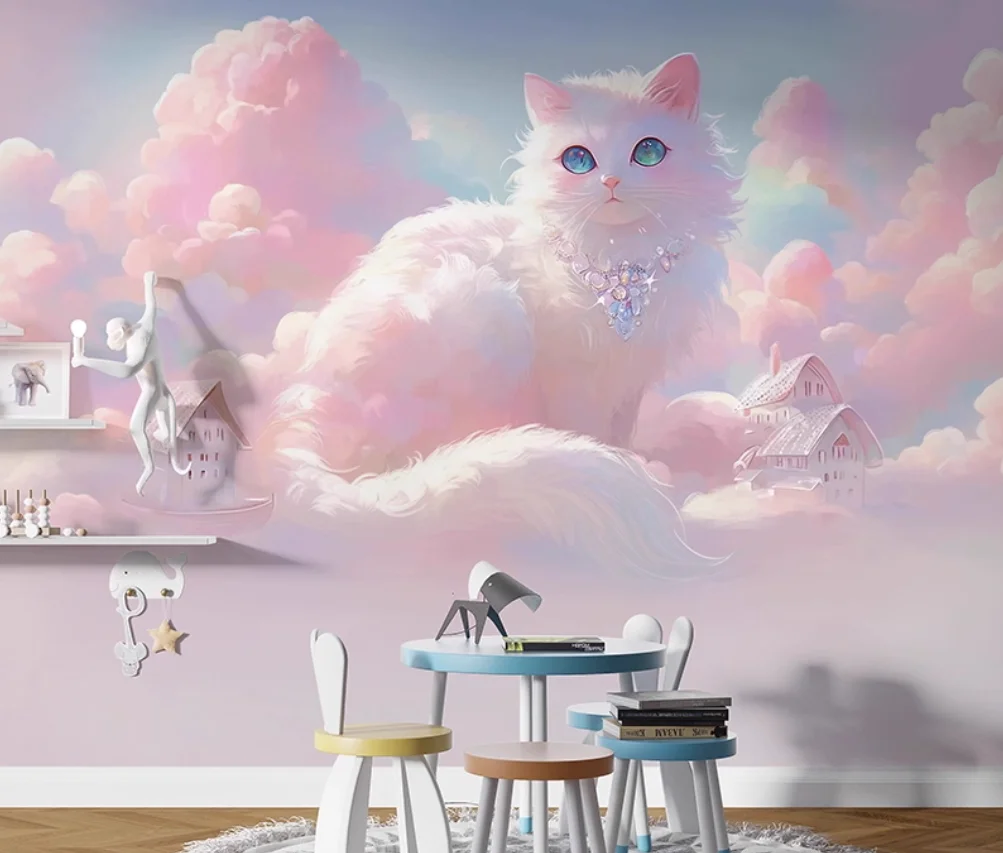 Cartoon children's room wallpaper, girl's bedroom background wallpaper, environmentally friendly clouds, cat customized mural