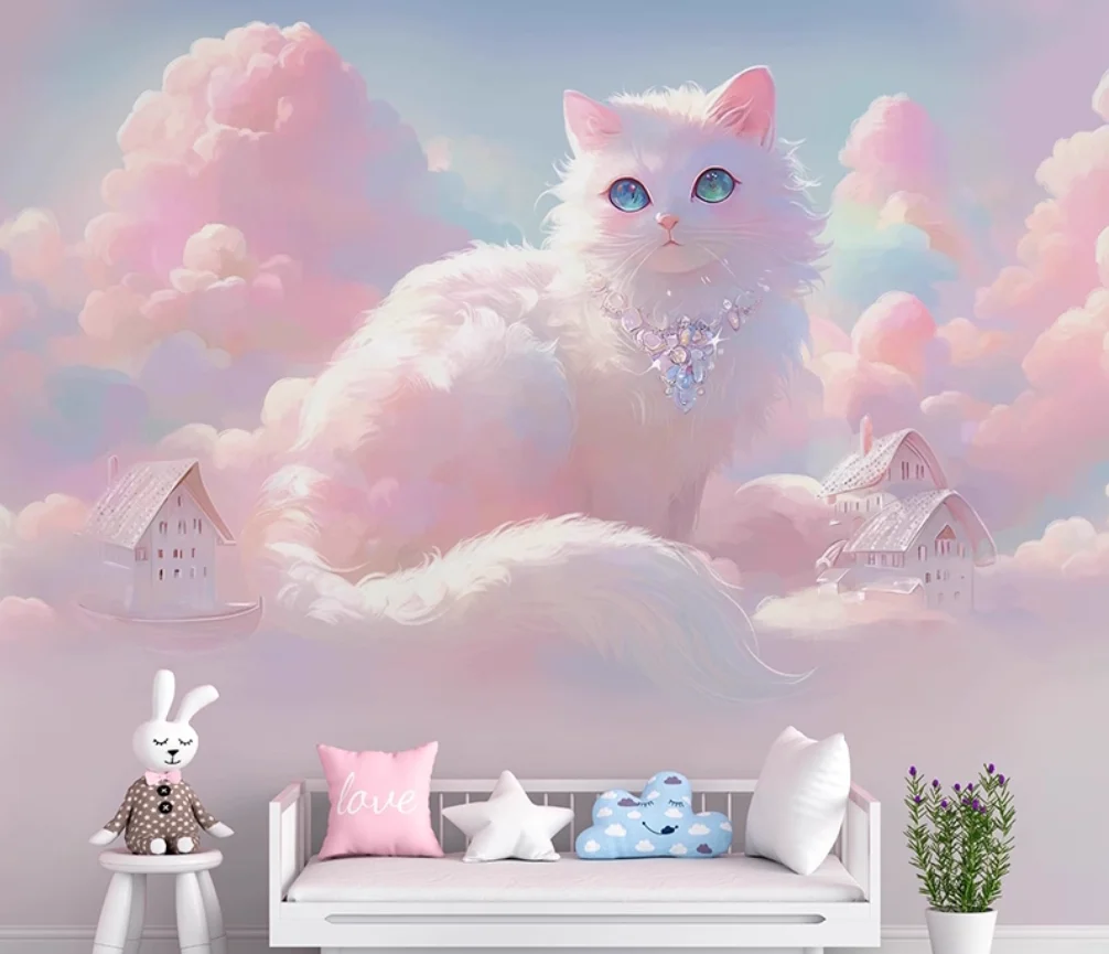 Cartoon children's room wallpaper, girl's bedroom background wallpaper, environmentally friendly clouds, cat customized mural