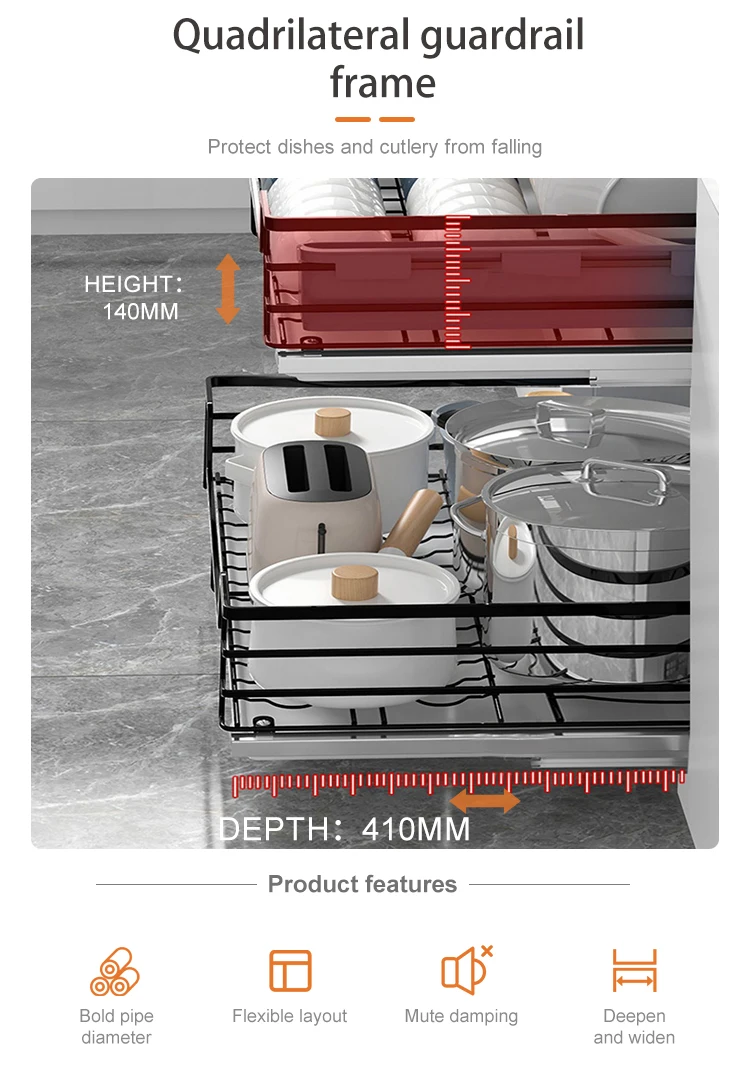 Modern Stainless Steel Pull-Out Drawer Basket For Kitchen Cabinets Iron Material In-Cabinet Storage