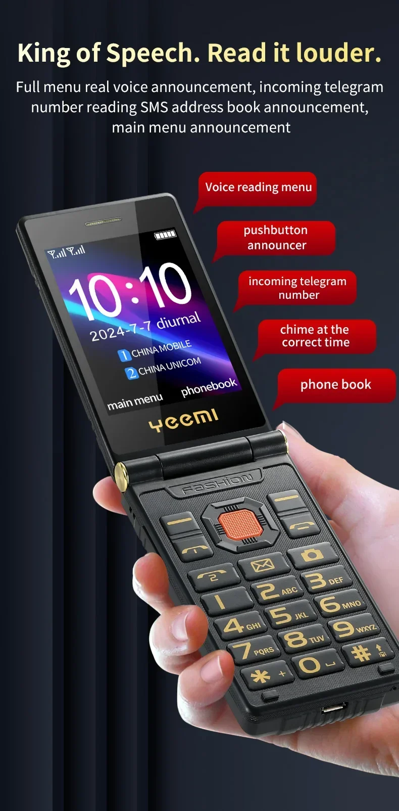 YeeMI M7+ Rugged 4G Feature Phone Big Button Full Band Flip Phone Dual SIM Dual Screen Cellphone For Old Man 6800mAh Big Battery