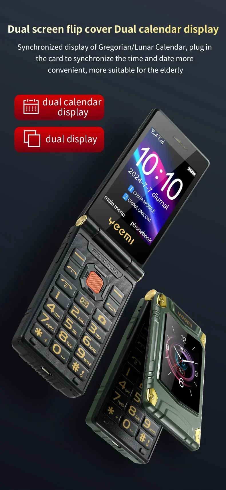 YeeMI M7+ Rugged 4G Feature Phone Big Button Full Band Flip Phone Dual SIM Dual Screen Cellphone For Old Man 6800mAh Big Battery