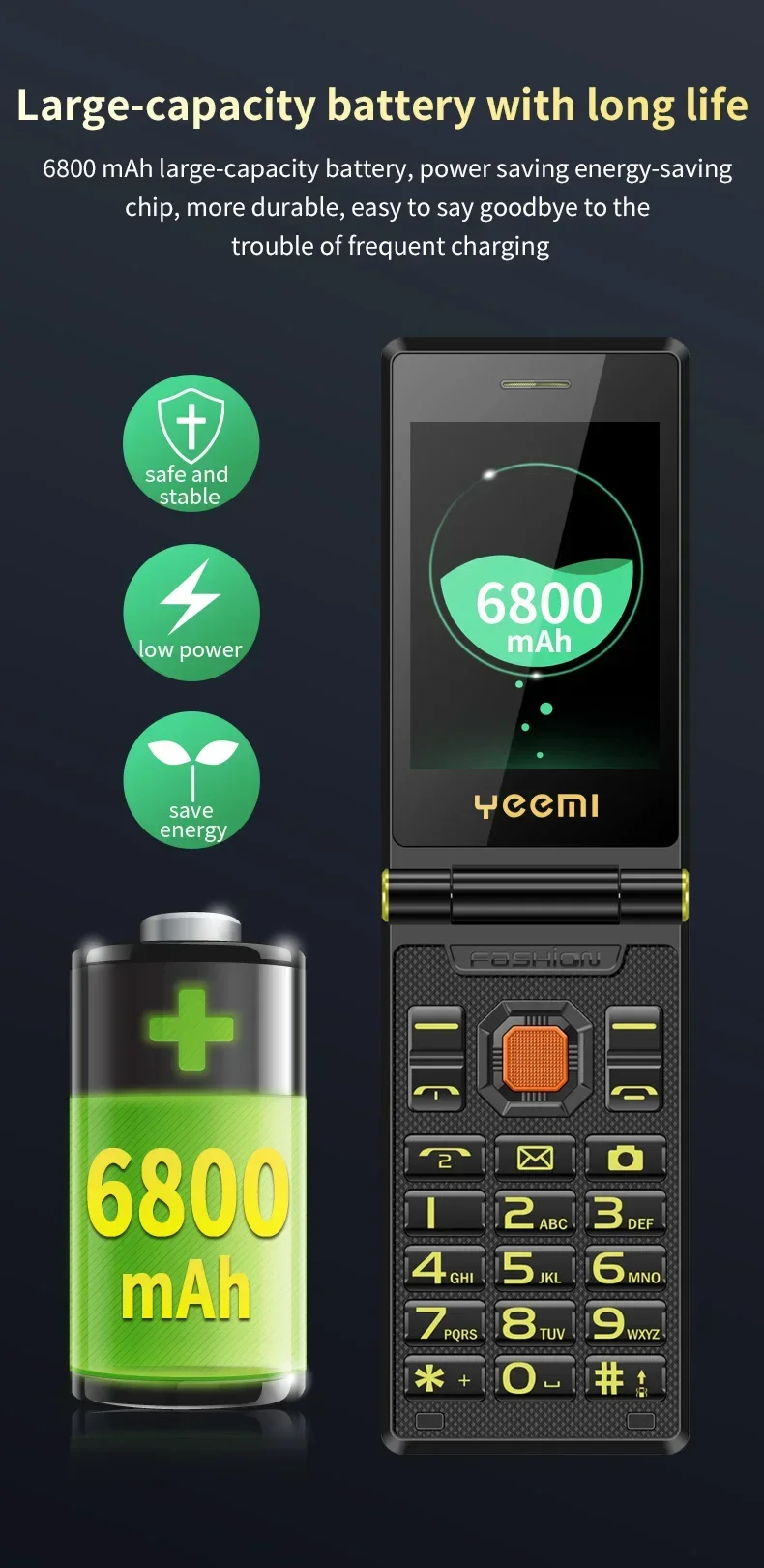 YeeMI M7+ Rugged 4G Feature Phone Big Button Full Band Flip Phone Dual SIM Dual Screen Cellphone For Old Man 6800mAh Big Battery