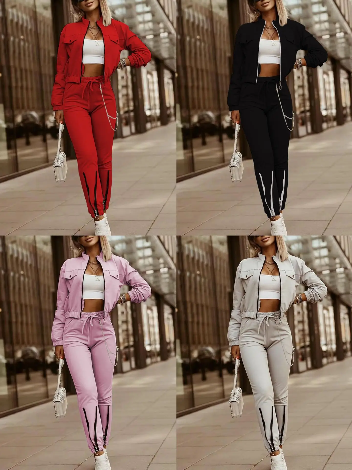 Women's Spring Summer New Fashionable Zipper Design Long Sleeve Top+Drawstring Pants Casual Two Piece Pants Set