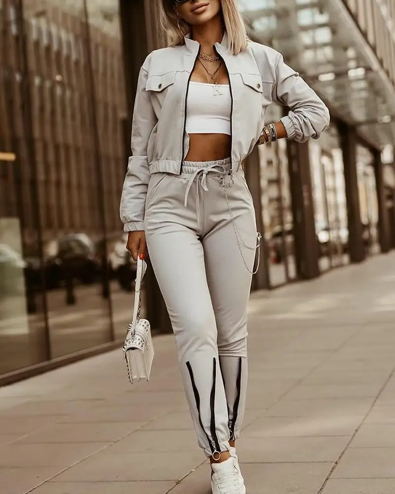 Women's Spring Summer New Fashionable Zipper Design Long Sleeve Top+Drawstring Pants Casual Two Piece Pants Set