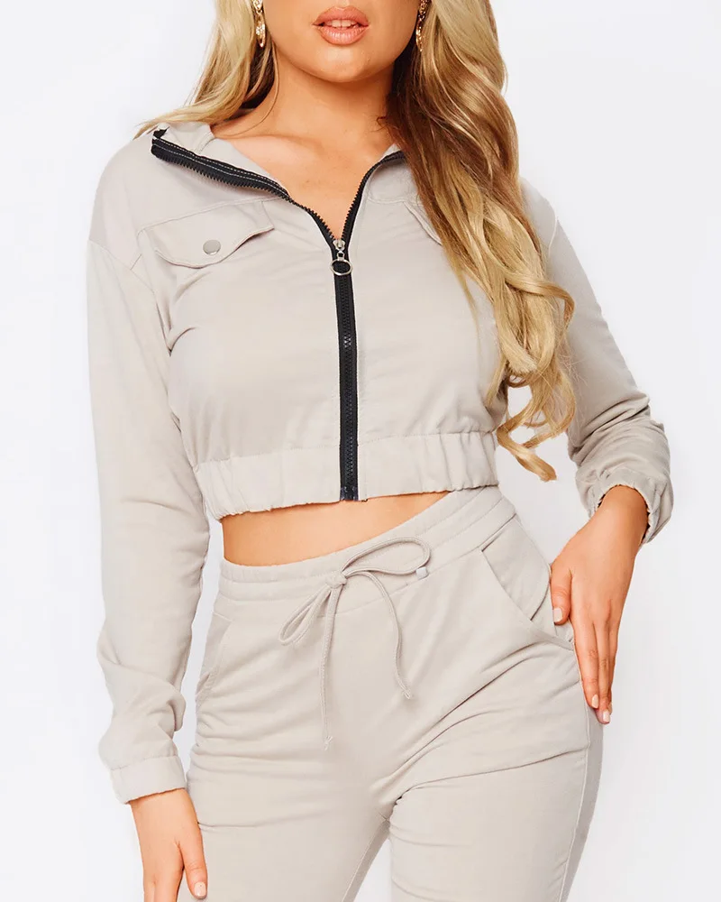 Women's Spring Summer New Fashionable Zipper Design Long Sleeve Top+Drawstring Pants Casual Two Piece Pants Set