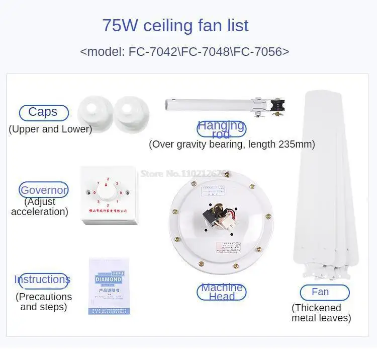 Ceiling Fans 48/56 Inch Ceiling Fan without Light Simple Ceiling Fan With 3 Gear Adjustment 3 Blades 75W/65W 220V Knob Control
