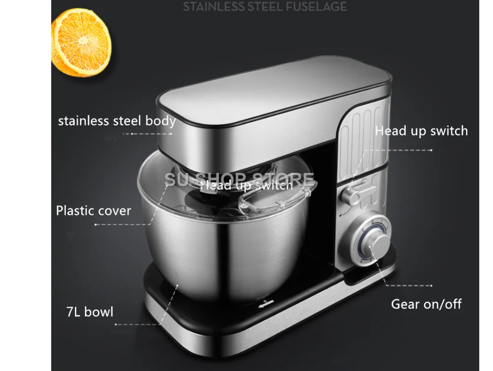 7L Stainless Steel Electric Food Stand Mixer 6-Speed Kitchen Chef with Egg Whisk Dough Cream Blender Juicer Meat Grinder Mincer