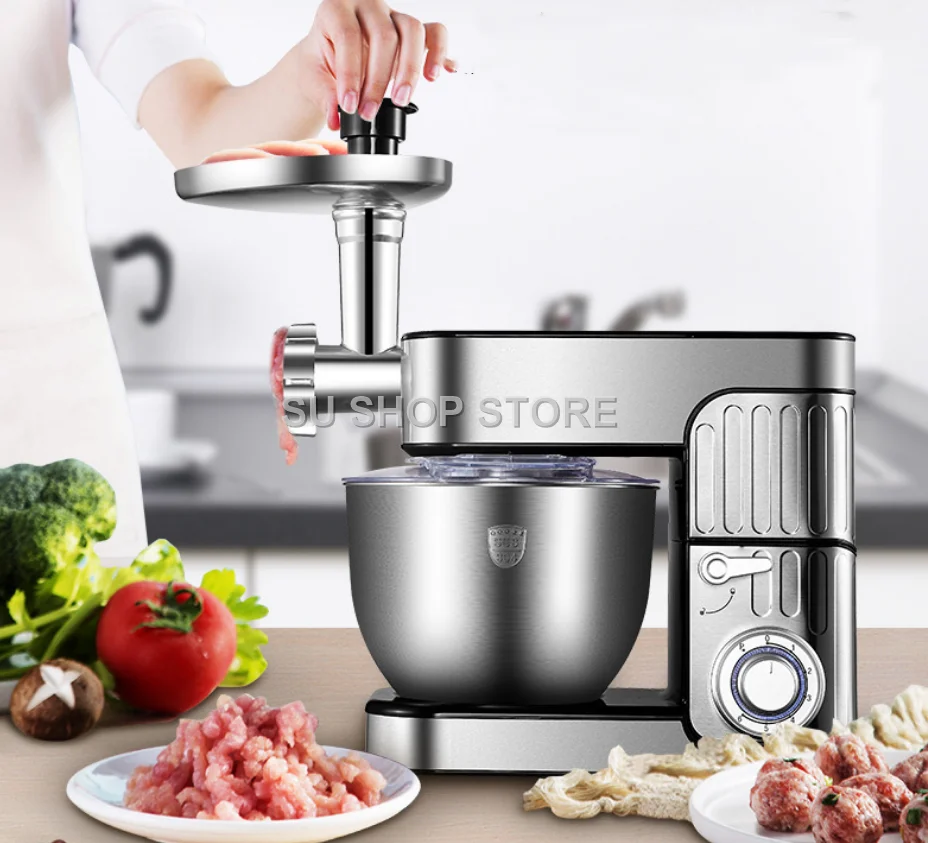 7L Stainless Steel Electric Food Stand Mixer 6-Speed Kitchen Chef with Egg Whisk Dough Cream Blender Juicer Meat Grinder Mincer