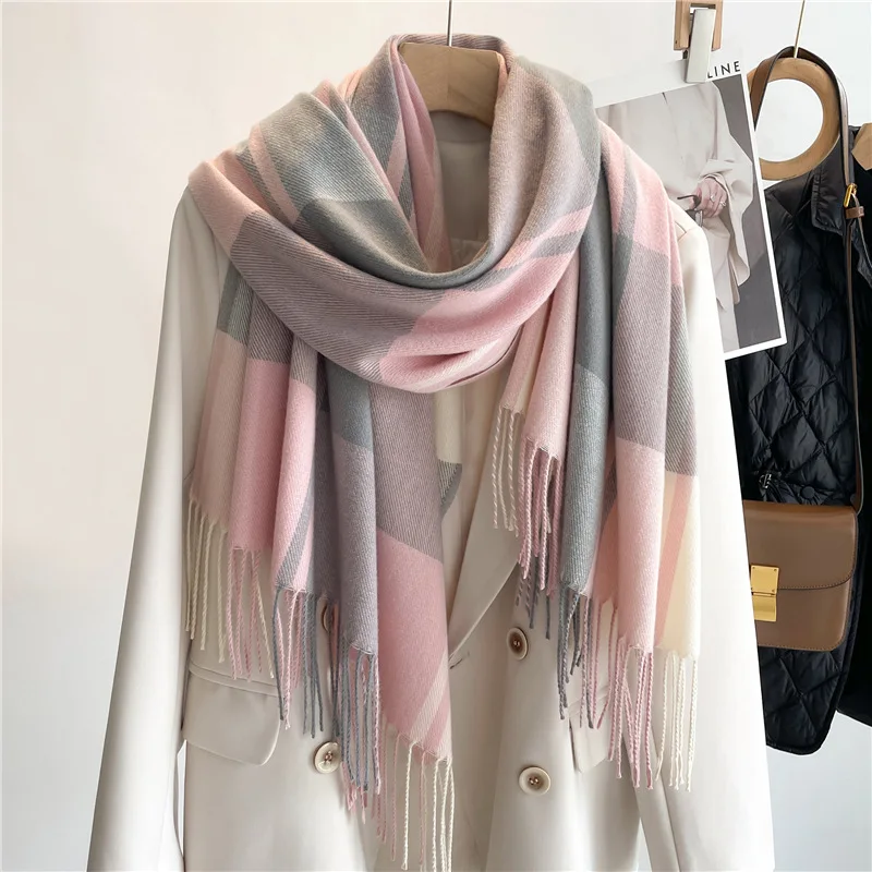 Luxury Brand Winter Plaid Women's Cashmere Scarf Warm Shawls and Wraps Thicked Wool Pashmina Female Blanket Scarves