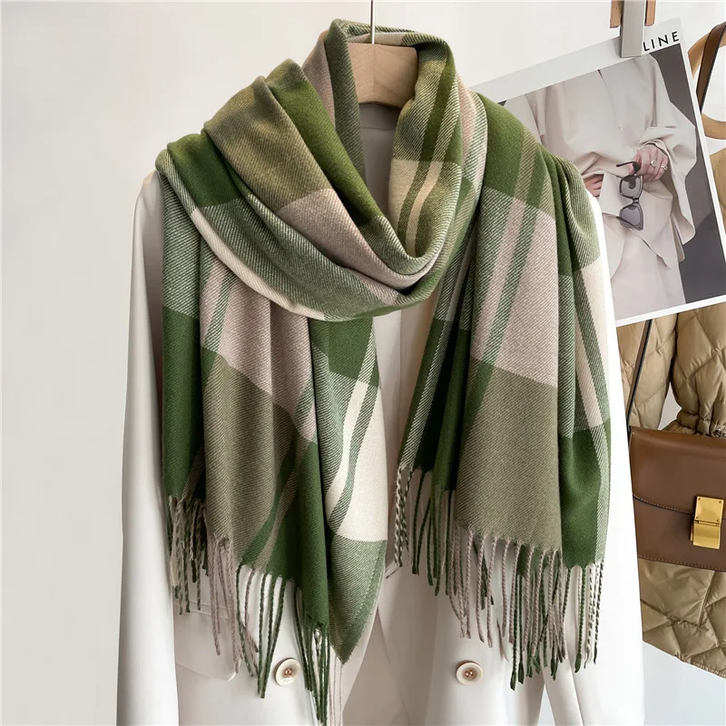 Luxury Brand Winter Plaid Women's Cashmere Scarf Warm Shawls and Wraps Thicked Wool Pashmina Female Blanket Scarves