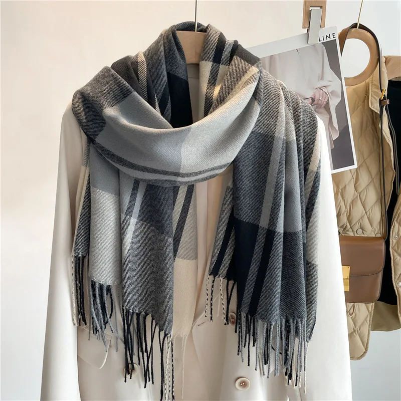 Luxury Brand Winter Plaid Women's Cashmere Scarf Warm Shawls and Wraps Thicked Wool Pashmina Female Blanket Scarves