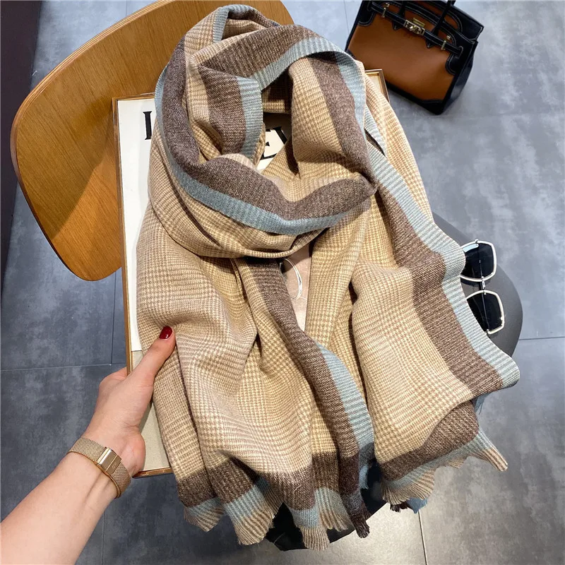 Luxury Brand Winter Plaid Women's Cashmere Scarf Warm Shawls and Wraps Thicked Wool Pashmina Female Blanket Scarves