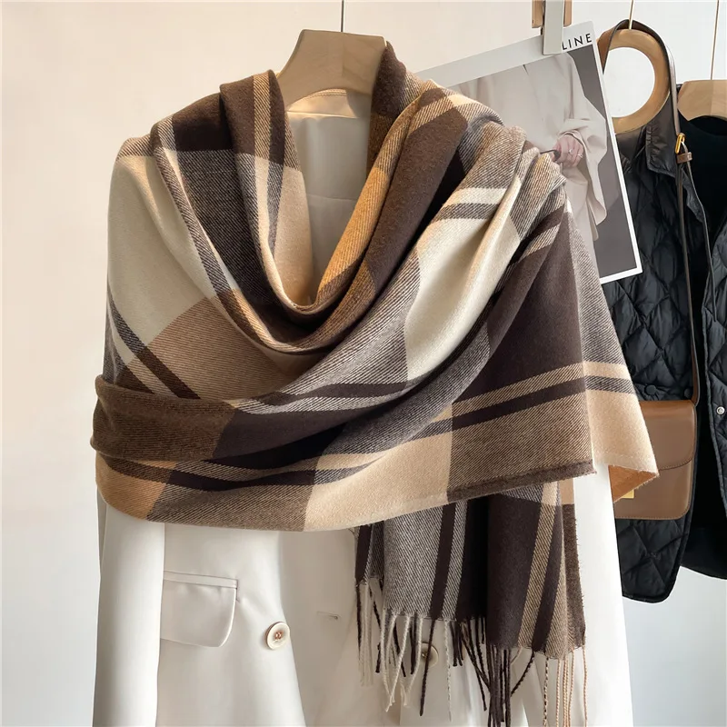 Luxury Brand Winter Plaid Women's Cashmere Scarf Warm Shawls and Wraps Thicked Wool Pashmina Female Blanket Scarves