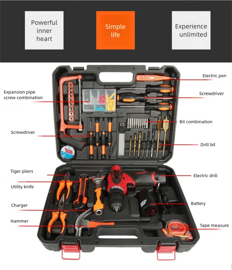 128pcs Home Power Drill Complete Toolbox Professional Tool Set Complete Drill Tools Repairs Metal Wood Car Combination Tool Box