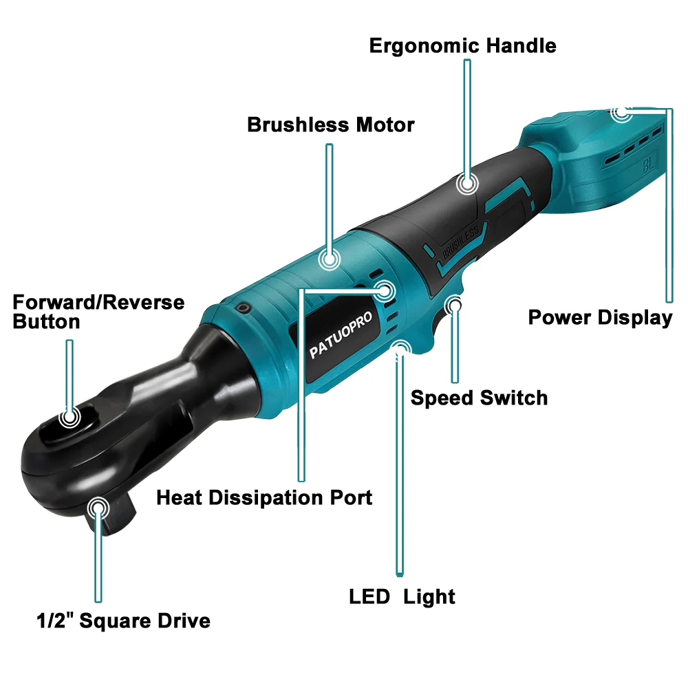 PATUOPRO 100N.m Brushless Electric Ratchet Wrench 1/2 Inch Cordless Driver Removal Screw Nut Power Tools For Makita 18V Battery