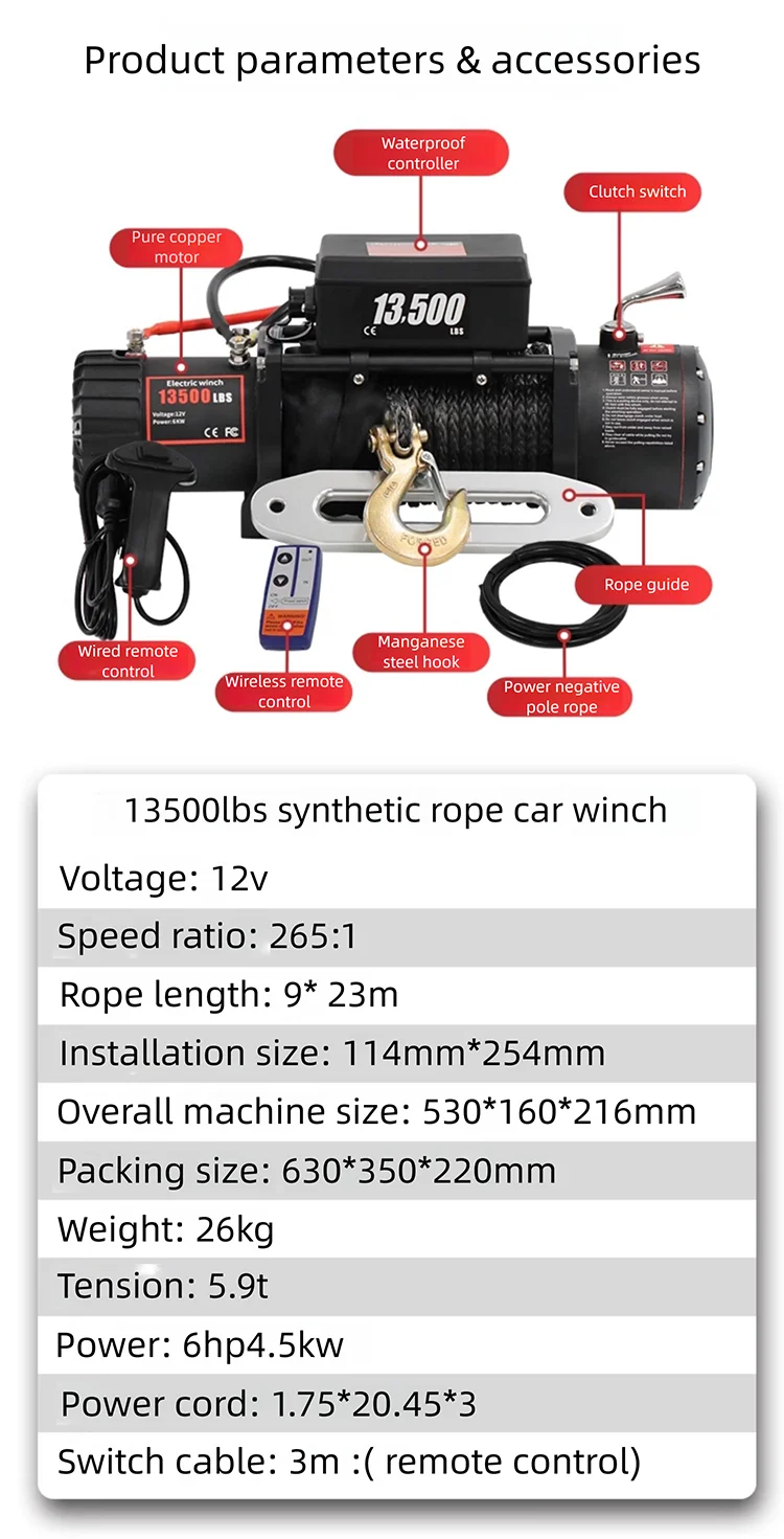 Ztem 13500LBS Electric Truck Winch12v Electric Winch ATV Synthetic Rope with 2 Remote Controls for 4X4 Car Trailer ATV Truck
