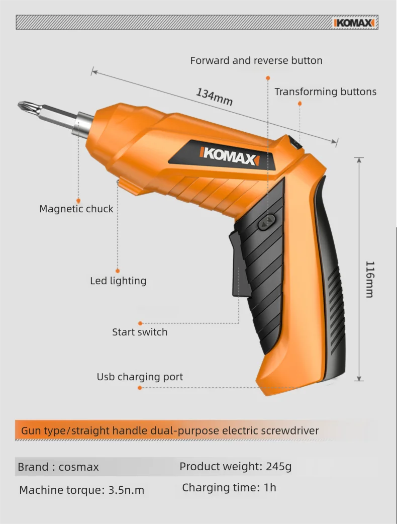 KOMAX Electric Screwdriver Rechargeable Cordless Screwdriver Powerful Impact Wireless Screwdriver Set Mini Drill Power Tools