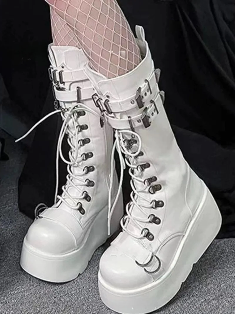 Platform Boots High Cut Women's Boots Punk Style Spicy Girl Motorcycle Knight Boot Fashionable Leather Buckle Strap Wedge Boots