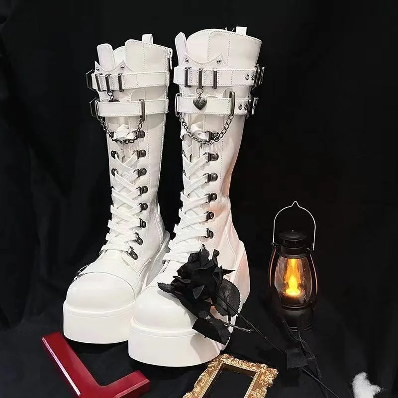 Platform Boots High Cut Women's Boots Punk Style Spicy Girl Motorcycle Knight Boot Fashionable Leather Buckle Strap Wedge Boots