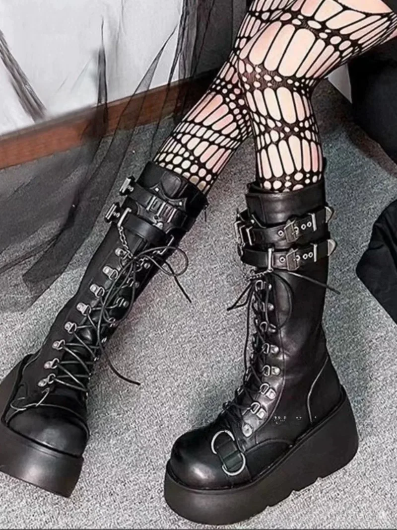 Platform Boots High Cut Women's Boots Punk Style Spicy Girl Motorcycle Knight Boot Fashionable Leather Buckle Strap Wedge Boots