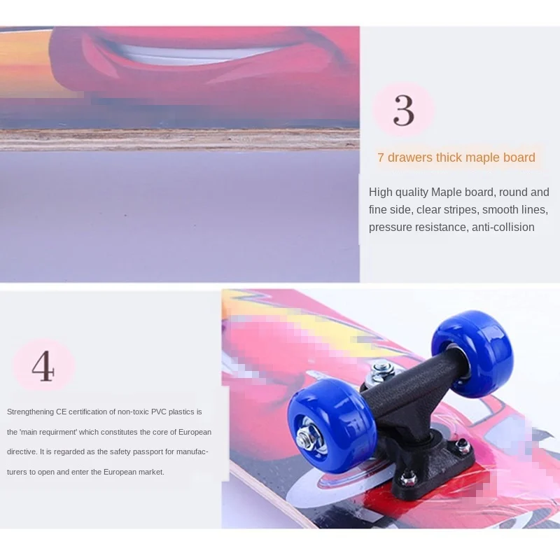 60CM Skateboard Beginner Kids Cartoon Skateboard Maple Wood Deck Skate Board Outdoor Long Board Double Rocker Skateboard Child