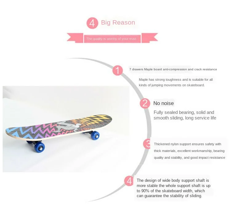 60CM Skateboard Beginner Kids Cartoon Skateboard Maple Wood Deck Skate Board Outdoor Long Board Double Rocker Skateboard Child