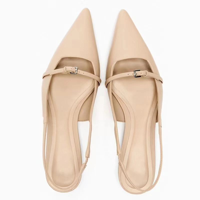 Slingback Flat Bottom Women Sandals Summer Black Leather Pointed Woman Ballet Shoes Fashion Low-heel Woman Shoes