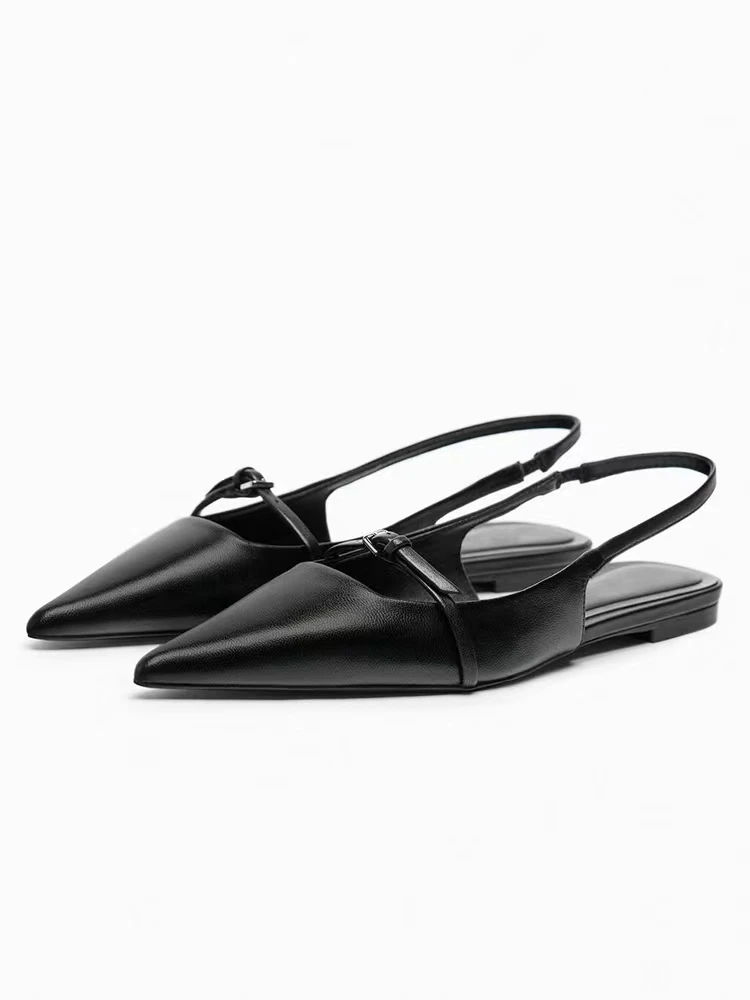 Slingback Flat Bottom Women Sandals Summer Black Leather Pointed Woman Ballet Shoes Fashion Low-heel Woman Shoes