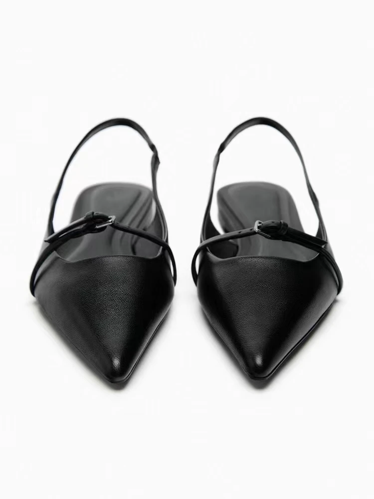 Slingback Flat Bottom Women Sandals Summer Black Leather Pointed Woman Ballet Shoes Fashion Low-heel Woman Shoes