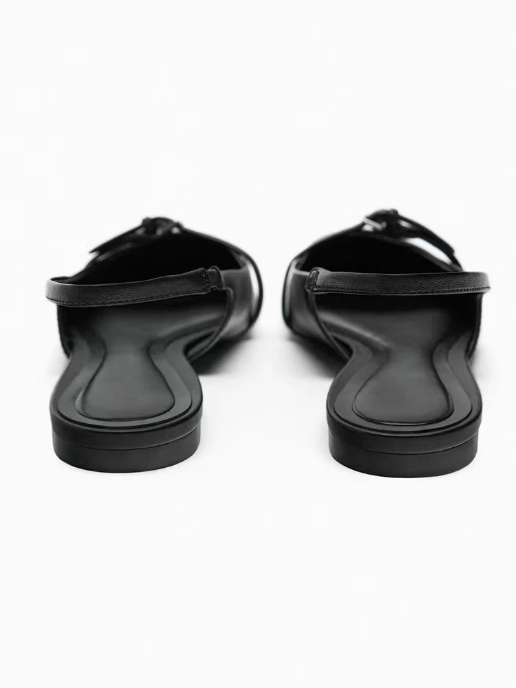 Slingback Flat Bottom Women Sandals Summer Black Leather Pointed Woman Ballet Shoes Fashion Low-heel Woman Shoes