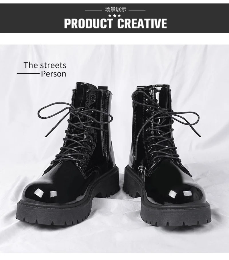 2025 New Men Black Patent Leather British Style Motorcycle Boot Couple Outdoors High Top Leather Waterproof Casual Leather Boots
