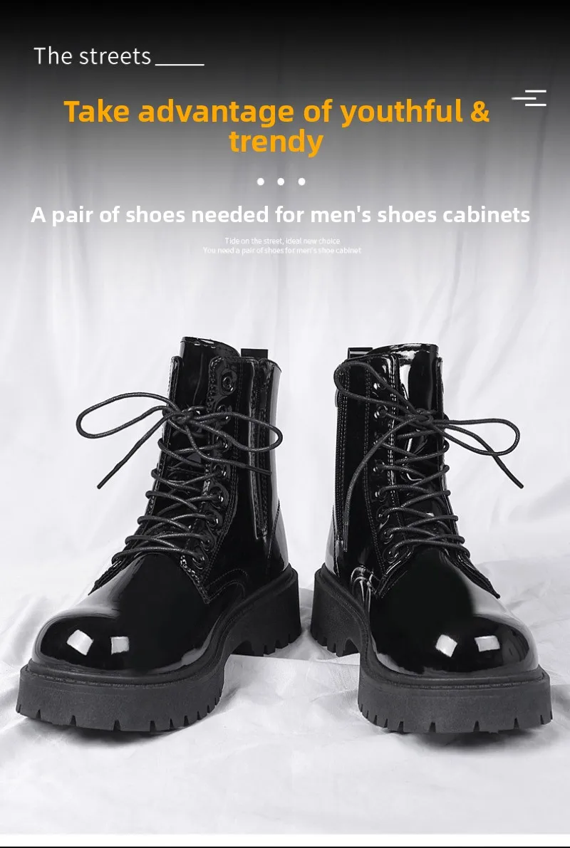 2025 New Men Black Patent Leather British Style Motorcycle Boot Couple Outdoors High Top Leather Waterproof Casual Leather Boots