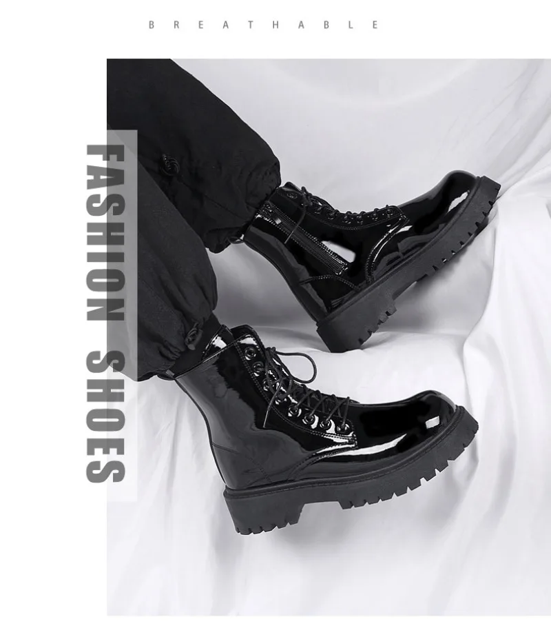 2025 New Men Black Patent Leather British Style Motorcycle Boot Couple Outdoors High Top Leather Waterproof Casual Leather Boots