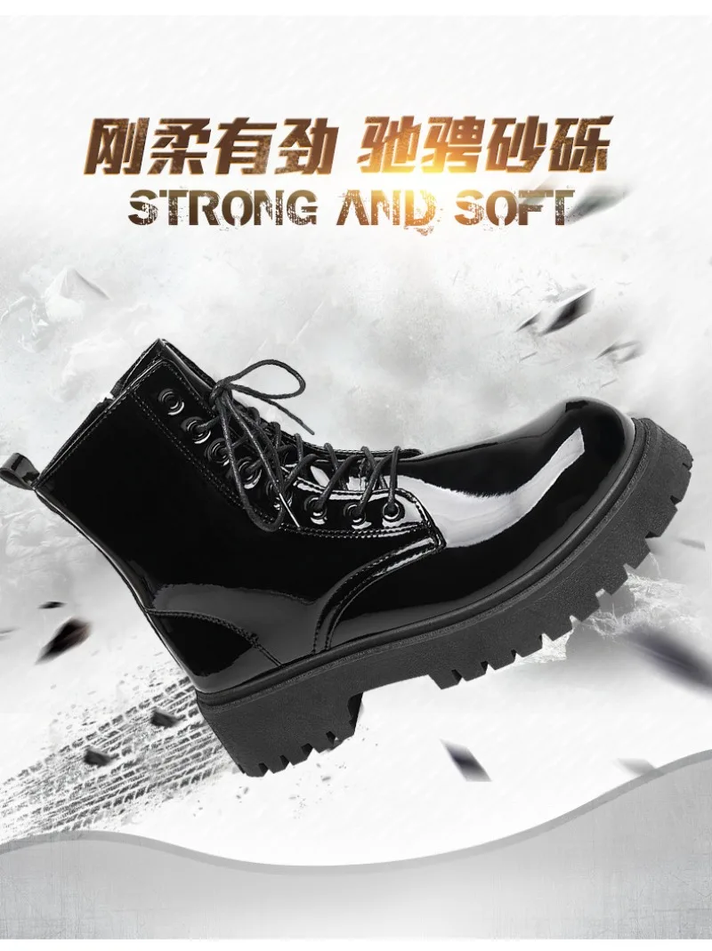 2025 New Men Black Patent Leather British Style Motorcycle Boot Couple Outdoors High Top Leather Waterproof Casual Leather Boots