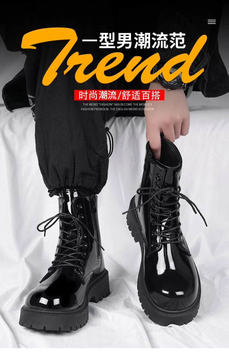 2025 New Men Black Patent Leather British Style Motorcycle Boot Couple Outdoors High Top Leather Waterproof Casual Leather Boots