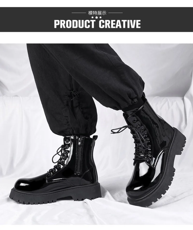 2025 New Men Black Patent Leather British Style Motorcycle Boot Couple Outdoors High Top Leather Waterproof Casual Leather Boots